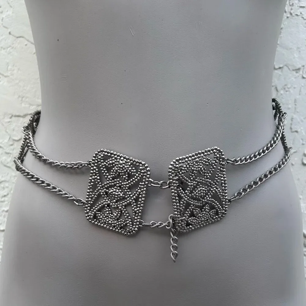Vintage Stamped Steel Panel And Chain Fashion Belt Women's 30